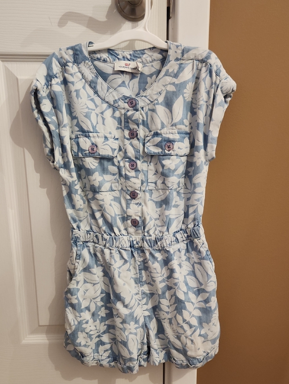 Vineyard Vines Girls Light Blue and White Floral Romper